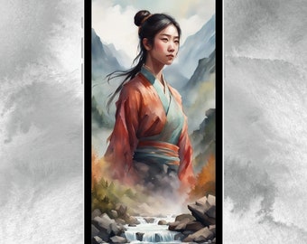 May include: A digital illustration of a woman in a red and blue robe standing in a misty mountain landscape. The woman has long black hair and is looking to the right. A waterfall flows down the mountainside in the foreground.