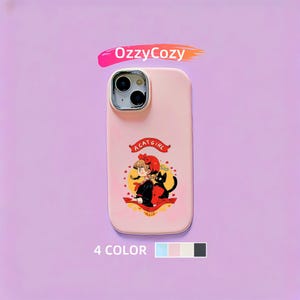 Funda para iPhone con ilustración artística de gato negro y niña, diseño de dibujos animados kawaii, ilustración moderna y elegante, arte único y divertido, iPhone 11 12 13 14 15 16