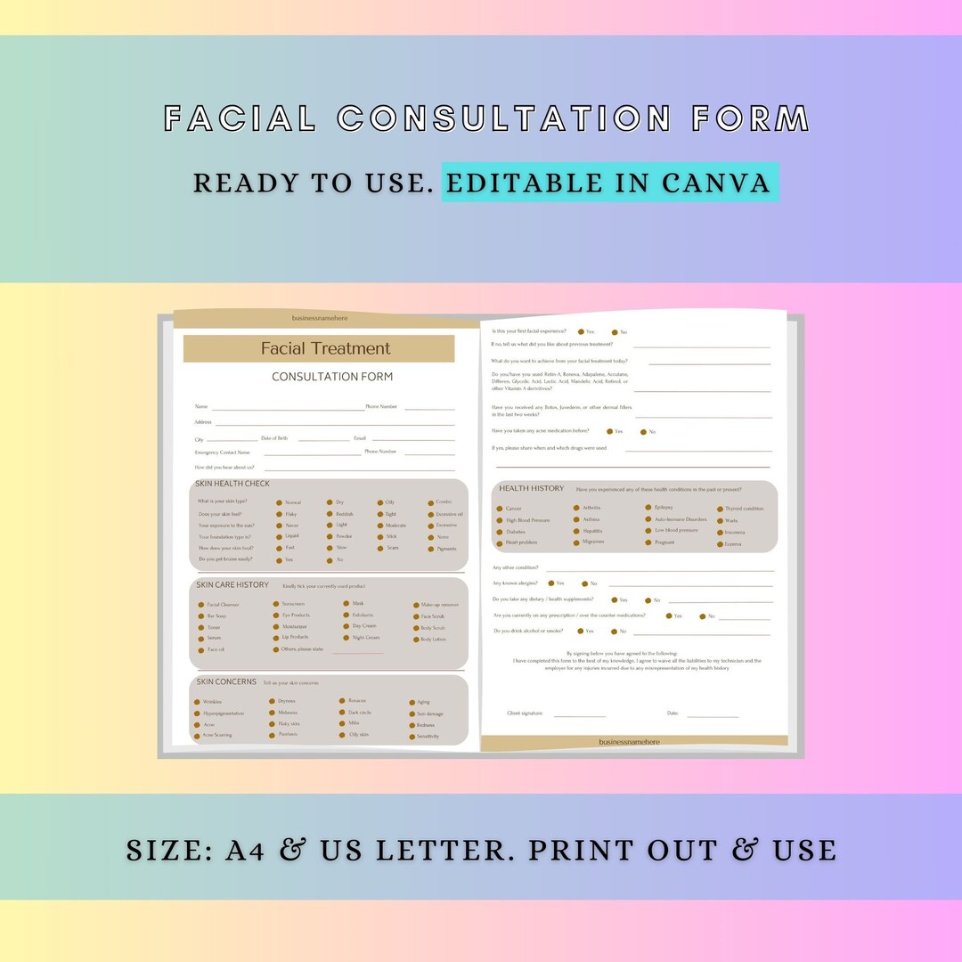 Editable Facial Consultation Form: Skincare Client Intake (canva ...