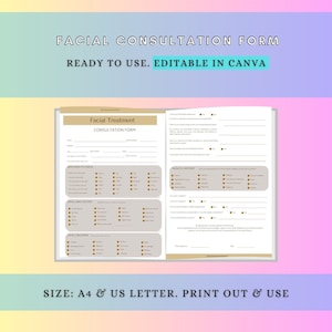 Editable Facial Consultation Form, Client Intake Form, Beauty Salon Printable, Editable Spa Forms, Skincare Business, Form Canva Template