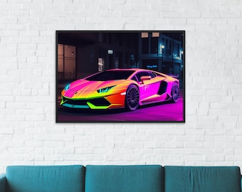 Neon Lamborghini Aventador Car Art Print, Supercar Wall Art (Digital Download)