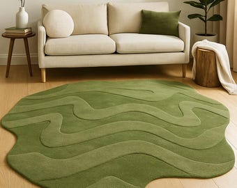 Hand-Tufted Wool Area Rug, Melting Sage Green, Irregular Shape | Modern Unique Style, Soft Handmade Carpet for Living Room, Bedroom, Hallway