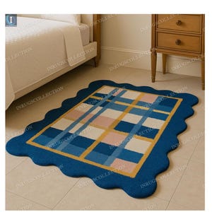 Moderner Tufted Wollteppich mit gewelltem Rand - Kariertes Design für stilvolle Wohnkultur | Verspieltes Wohnzimmer oder Kinderzimmer Dekor Custom Bereich Geschenk Teppich