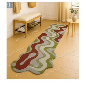 Modern Melting Wavy Runner Rugs – Asymmetric Abstract Carpet in Red, Green & Grey for Hallway Or Colorful Entryway Decor Rugs Bedroom Rugs