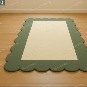 Jakobsmuschelrand Teppich für modernes Zuhause | Unregelmäßiges gewelltes Design Weicher Grüner Ästhetischer Teppich 100% Wolle Handgetufteter Teppich Wohnzimmer Individueller Teppich