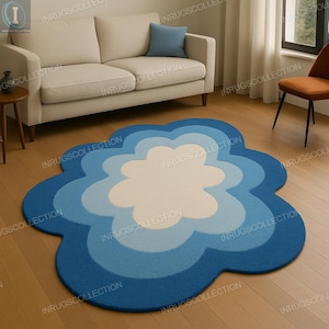 Modern Blue Cloud Shape Rug – Hand Tufted Wool Blob Rug for Living Room | Unique Abstract Thick Carpet Home Decor Kids Room Rug Top Gift Rug