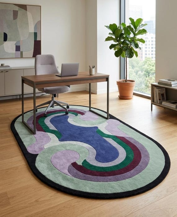 9X12 Oval Hand Tufted Abstract Rug, Sage Green Purple Modern Area Rug, Scandinavian Nordic Carpet, Customizable Bedroom Living Room Rug