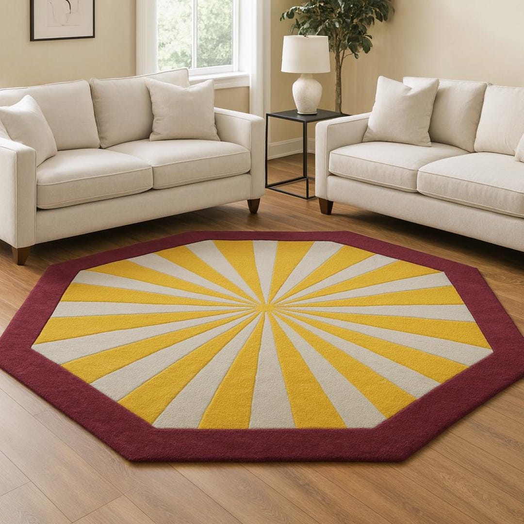 10x10 Neon Rug 10X10 Gifts Rug, Octagon Sunburst Area Rug | Mustard Yellow White ...