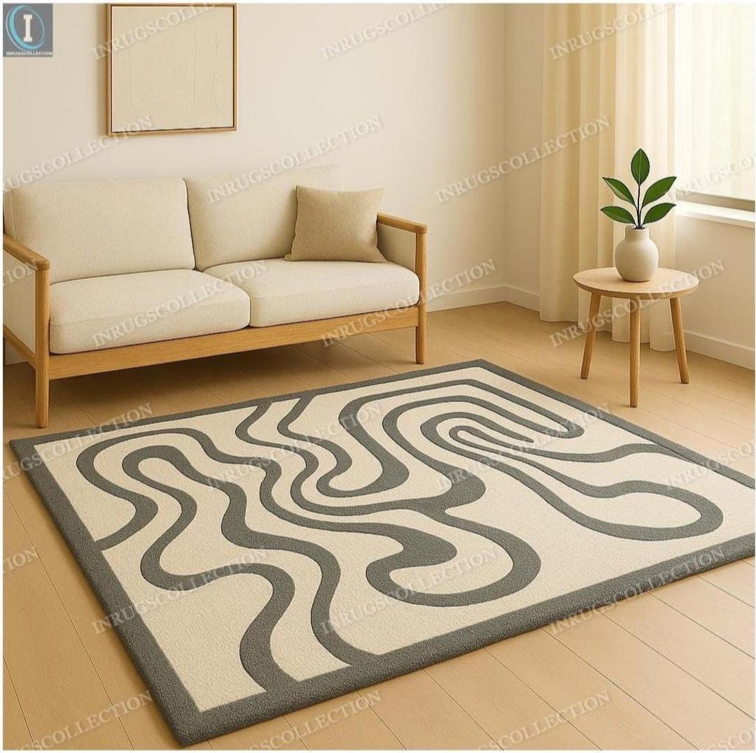 Thick Line Rug Modern Abstract Curvy Line Rug – Rectangular White and Grey Carpet for ...