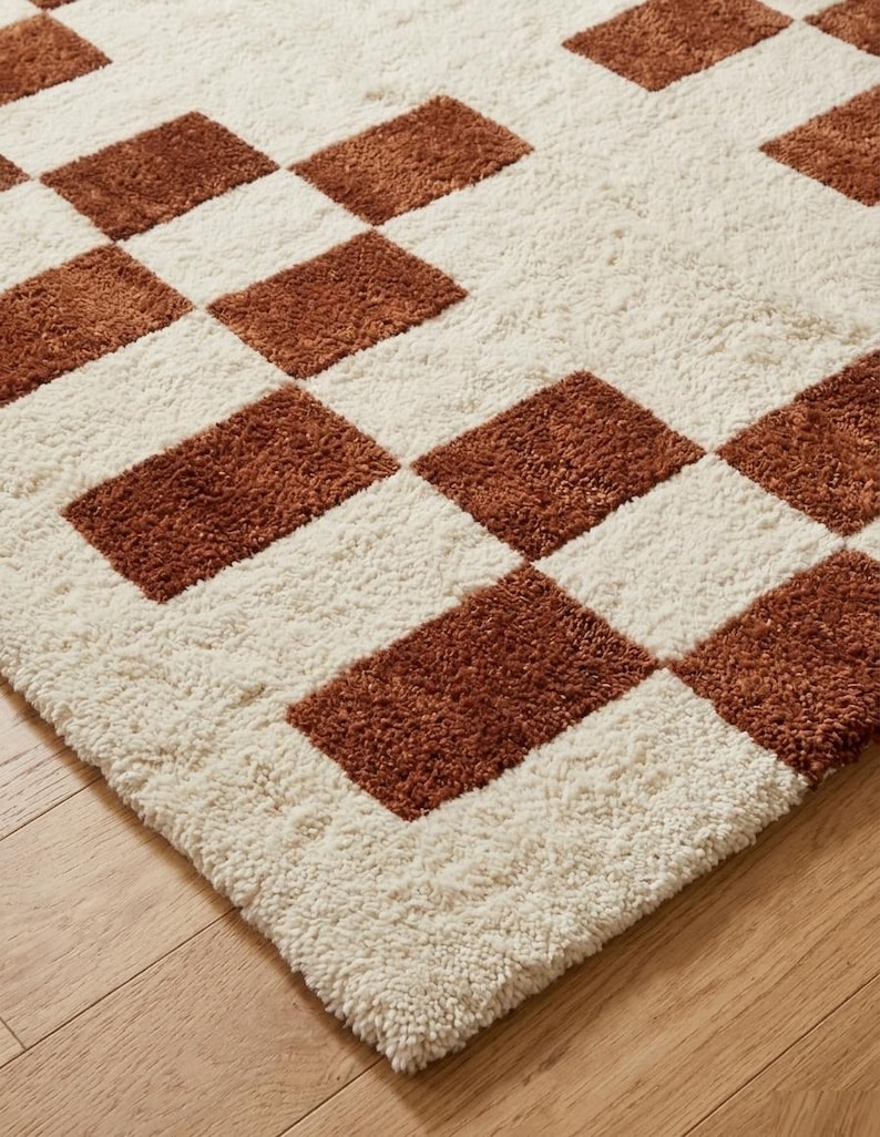 Luxury Soft Checkered Rug, Modern Checkerboard Wool Area Rug, Cream ...