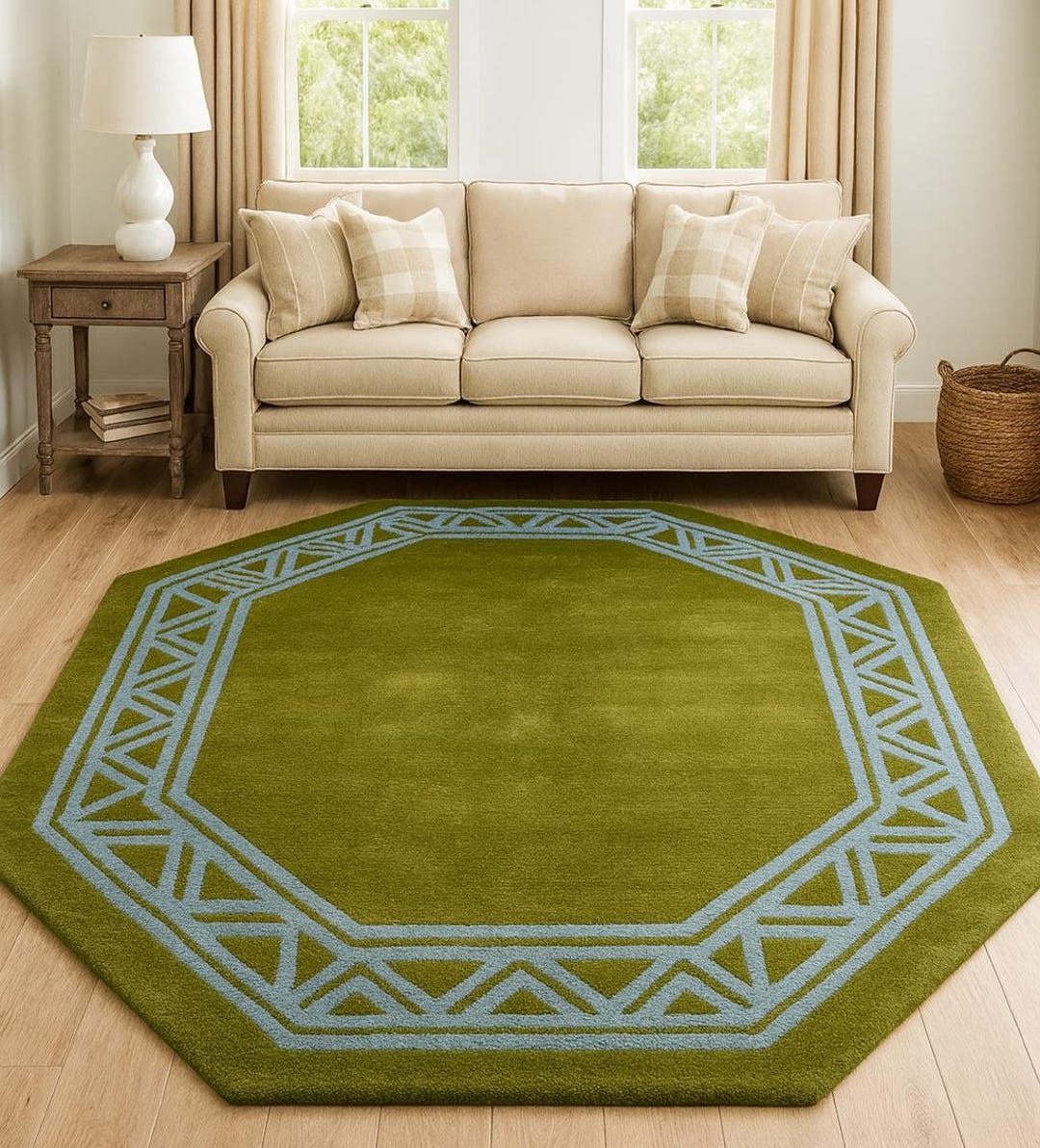 9X9 Green Octagon Geometric Rug, Modern Handmade Area Rug for Living ...