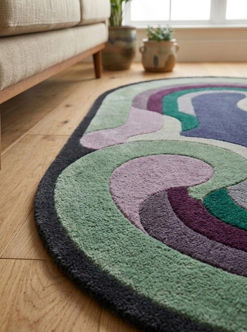 Puede incluir: Una alfombra ovalada con dise&ntilde;o retro. Presenta bandas curvas en tonos verdes, morados y azules, con un borde gris oscuro. La alfombra est&aacute; hecha de un material suave y texturizado, colocada sobre un suelo de madera.