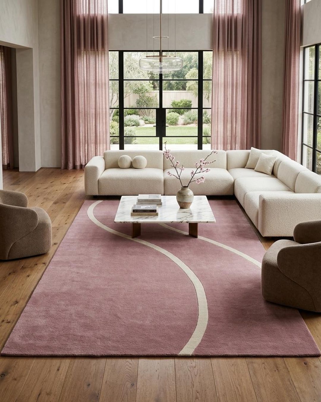 Minimalist Blush Pink Rug, Abstract Wavy Line Tufted Rug, Modern Cream ...
