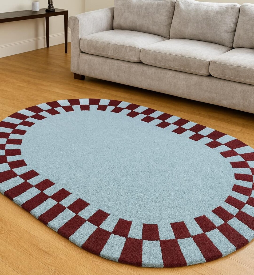 Hand-tufted Oval Rug, Modern Checker Border Carpet, Sky Blue Burgundy ...