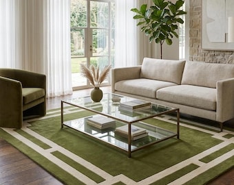 8X10 Hand Tufted Olive Green Wool Rug, Modern Geometric Border Area Rug, Custom Luxury Living Room Bedroom Rug, Office Rug, Custom Rug