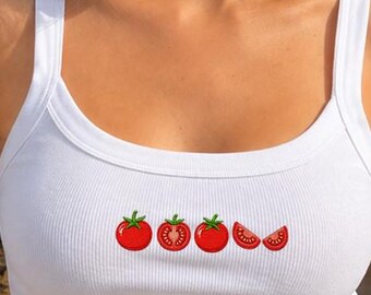 Embroidered Tomato Tank Top, Cute Tomato Shirt, Garden Veggie Baby Tee, Farmers Market Spaghetti Strap Top, Foodie Gift, Summer Crop Tank