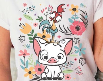 Moanna Movie Rooster and Pig Unisex Shirts, Vintage 80s Style Floral Pua And Hei Hei Shirt, Very Merry Xmas Party, Family Vacation Shirt