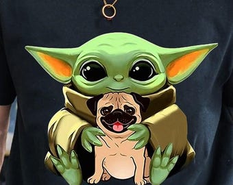Baby Grogu Hug Pug Unisex Shirts, Grogu Star Classic Movie Wars Shirt,Cute The Child and Puppy Shirt, Family Matching, Gift For Best Friend