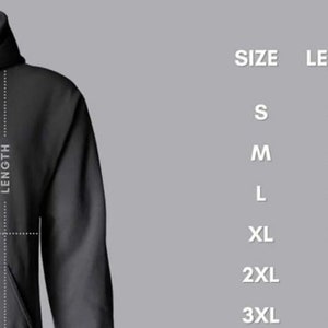 May include: A dark gray hoodie with a drawstring hood, sleeve, width, and length measurements are displayed. The size chart includes sizes S to 3XL, with corresponding measurements in inches for length, width, and sleeve length.