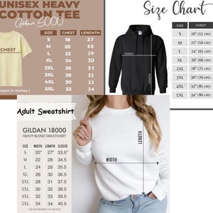 Pode incluir: Tabela de tamanhos para camisetas unissex de algod&atilde;o pesado e moletons para adultos. Medidas em cent&iacute;metros para peito, comprimento e manga. As s&eacute;ries Gildan 5000 e 18000 s&atilde;o apresentadas, tamanhos S a 5XL.
