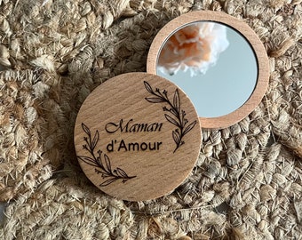 Miroir de poche en bois, idée cadeau personnalisé - mariage, fêtes, maman, grand-mère, mamie, tata, marraine, papa