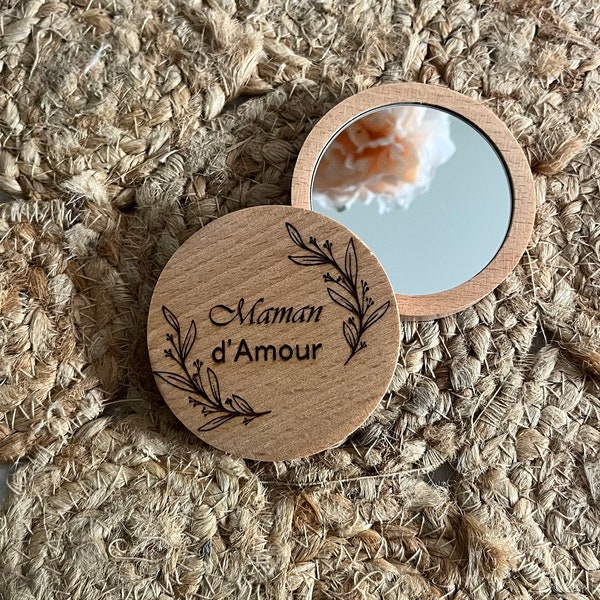 Miroir de poche en bois, idée cadeau personnalisé - mariage, fêtes, maman, grand-mère, mamie, tata, marraine, papa