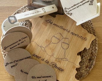 Aperitif kit, Customizable wooden France board, Engraved bottle opener, personalized wedding gift, birthday gift, Coasters