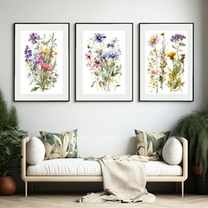 Bunte Aquarell Wildblumen Illustrationen 3er Set | Pastell Blumendrucke | Digitaler Download | Druckbare Blumen