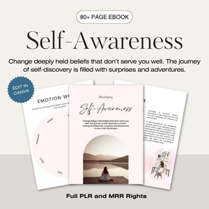 May include: A pink and white ebook cover with the title "Self-Awareness" and the text "Change deeply held beliefs that don't serve you well. The journey of self-discovery is filled with surprises and adventures." The cover also features a photo of a woman meditating on a jetty over a lake.