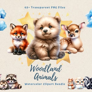 Woodland Animals, Babyshower Clipart Bundle, Watercolor Forest Animals PNG, Forest Baby Animals, Forest Clipart, Deer Bear Fox, Sublimation