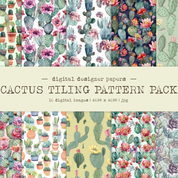 Cactus Pattern | Watercolor Cactus Clipart | Desert Cacti | 10 JPG Repeating Patterns | Digital Papers Printabl