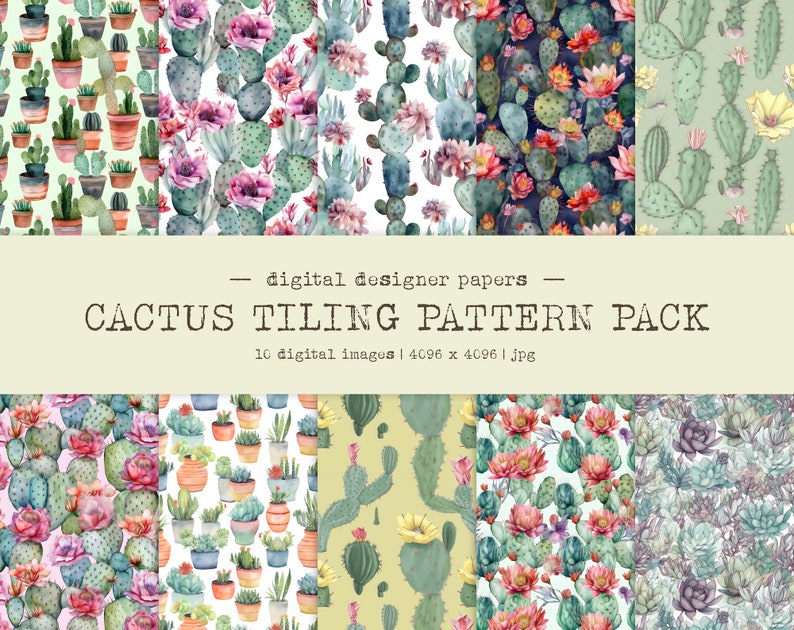 Cactus Pattern Watercolor Cactus Clipart Desert Cacti 10 JPG Repeating ...