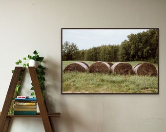 Round Straw Bales Print, Field Landscape Poster, Rustic Landscape Decor, Farmhouse Wall Art