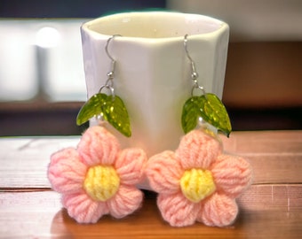 pink flower earrings, handcrafted earrings, crochet earrings, gift for birthday girls, gift for women, gift for valentine's day