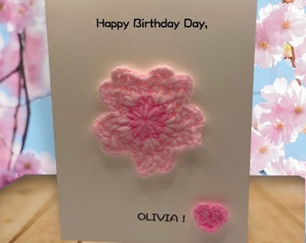 Personalized Sakura Design birthday card, handmade card, card for woman, card for April newborn, card for baby shower, card for sakura lover