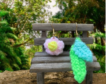 spring flower and leaves handmade irregular earrings, crochet earrings,