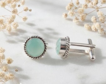 Aquamarine Sterling Silver Cufflinks: Aqua Green Crystal, Groom Wedding
