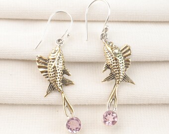Rosa Kunzit Fisch Ohrringe: Handgemachter Sterling Silber Boho Schmuck