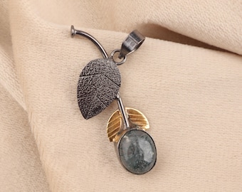 Moss Agate Pendant: Sterling Silver Leaf Necklace, Handmade Gemstone Jewelry