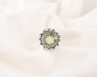 Green Amethyst Sterling Silver Ring, Round Cut Gemstone, Statement Jewelry