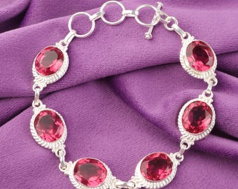 Pink Tourmaline Sterling Silver Bracelet - October Birthstone, 8.5"