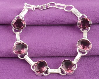Pulseira de ametista rosa feita à mão: joia oval de prata esterlina com pedras preciosas