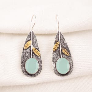 Aqua Chalcedony Sterling Silver Earrings: Handmade Oval Gemstone Dangle
