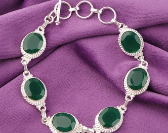 Pulsera de plata de ley con ónix verde hecha a mano - Piedra preciosa ovalada