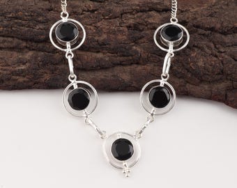Black Onyx Necklace in Sterling Silver, Elegant Dark Gemstone Jewelry Gift for Women