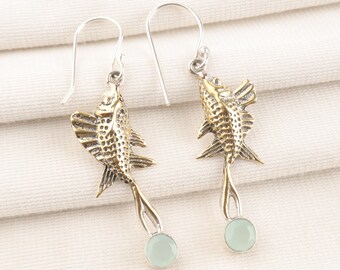 Aqua Chalcedony Fish Earrings: 925 Sterling Silver Dangle Earrings