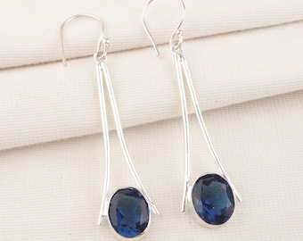 Teardrop Blue Sapphire Dangle Earrings: 925 Sterling Silver, Handmade