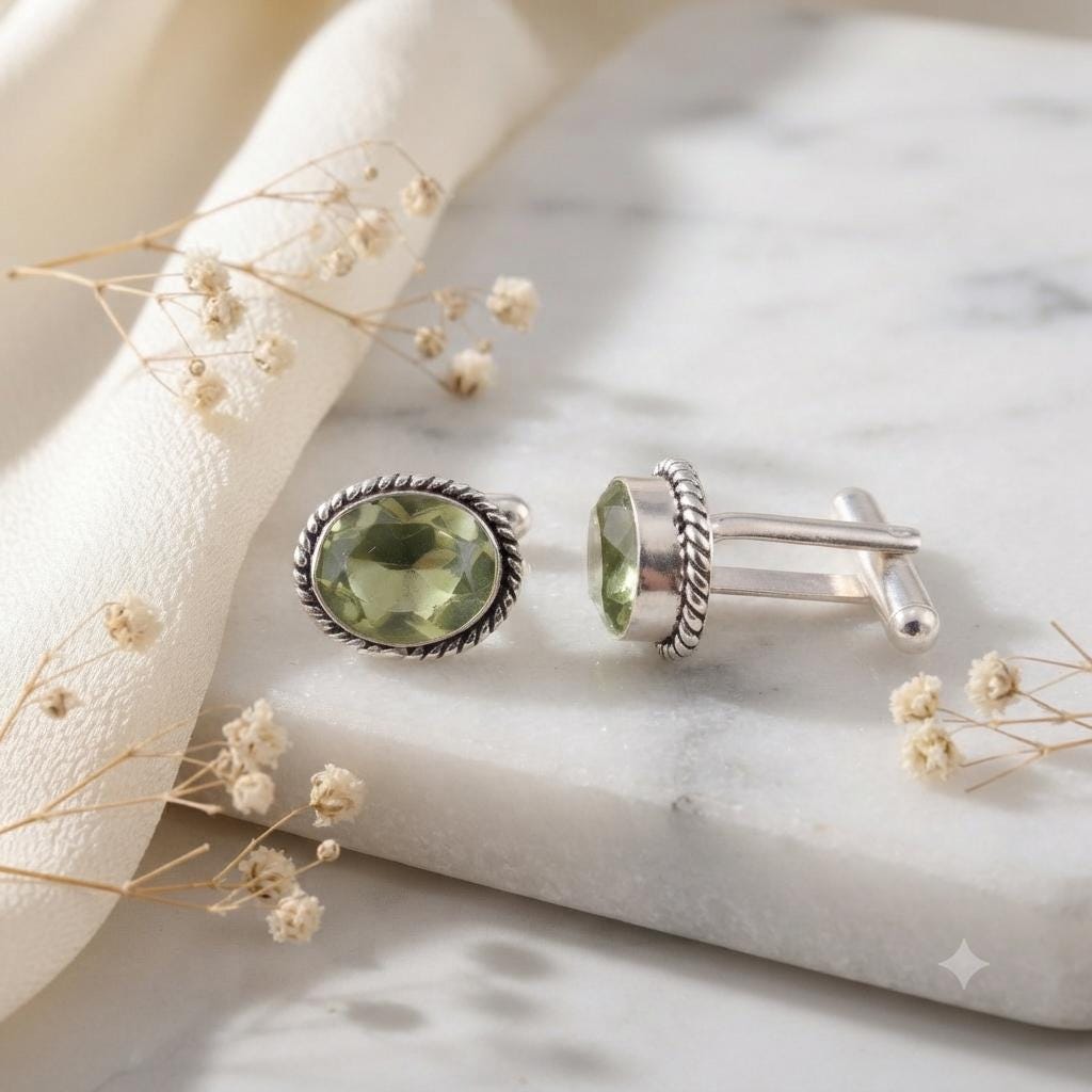 Green Amethyst Sterling Silver Oval Cufflinks, Prasiolite Gemstone Men's Jewelry