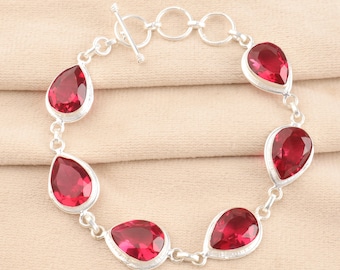 Rubellite Bracelet, Pear Cut Silver Jewelry, Pink Gemstone Jewelry For Woman
