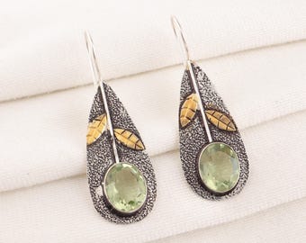 Green Amethyst Teardrop Earrings: Sterling Silver Dangle, February Birthstone
